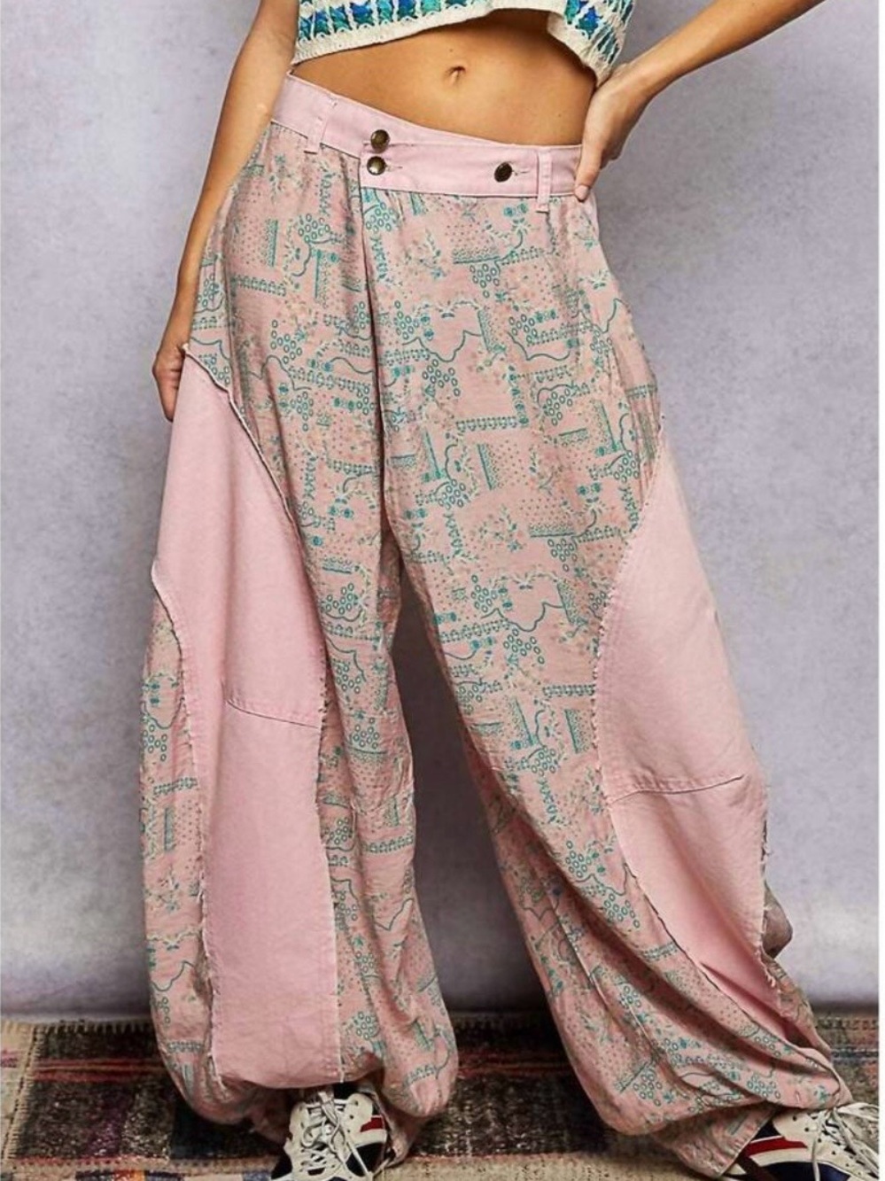 POL Pink & Teal Wide-Leg Patchwork Harem Pants